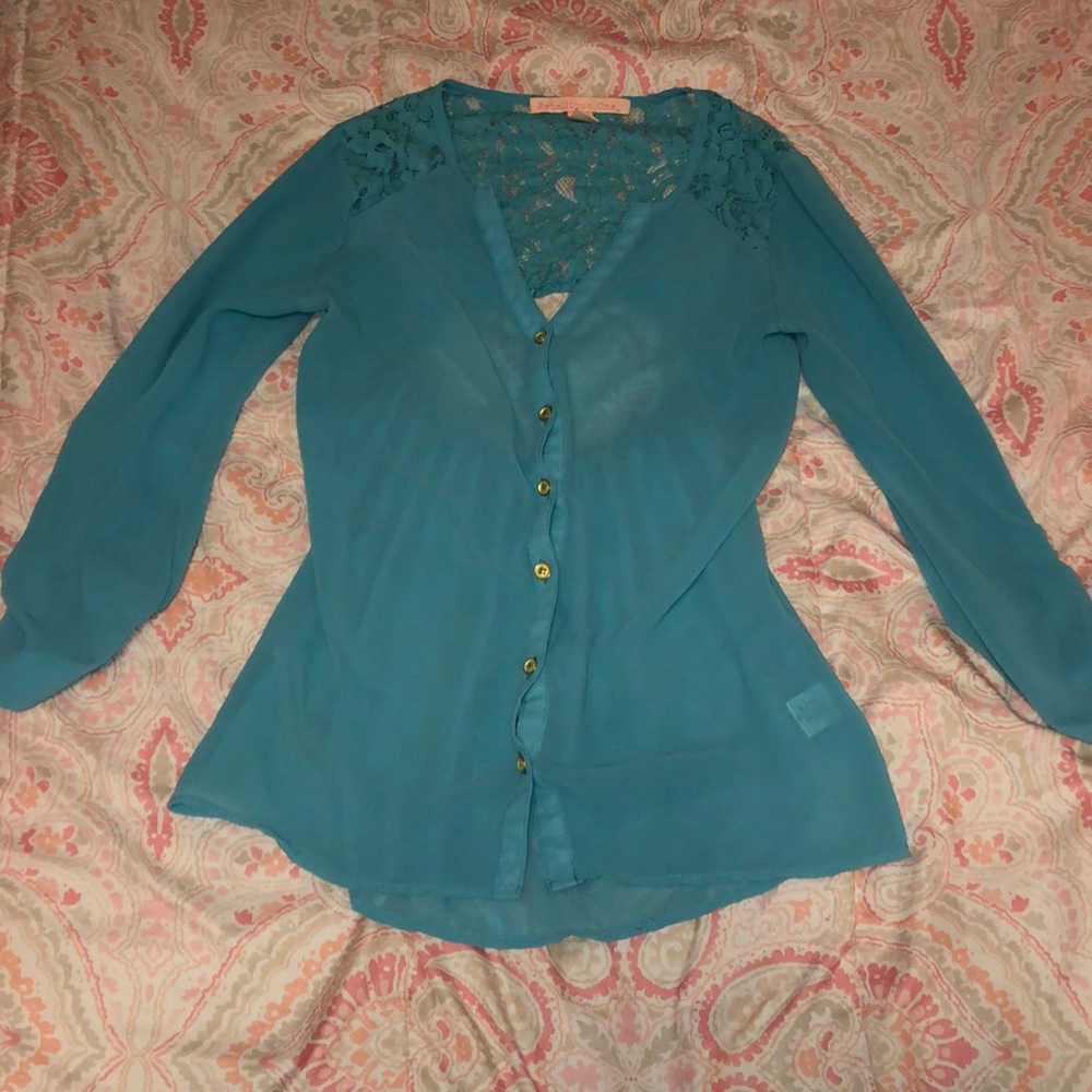 Blue open back lace blouse